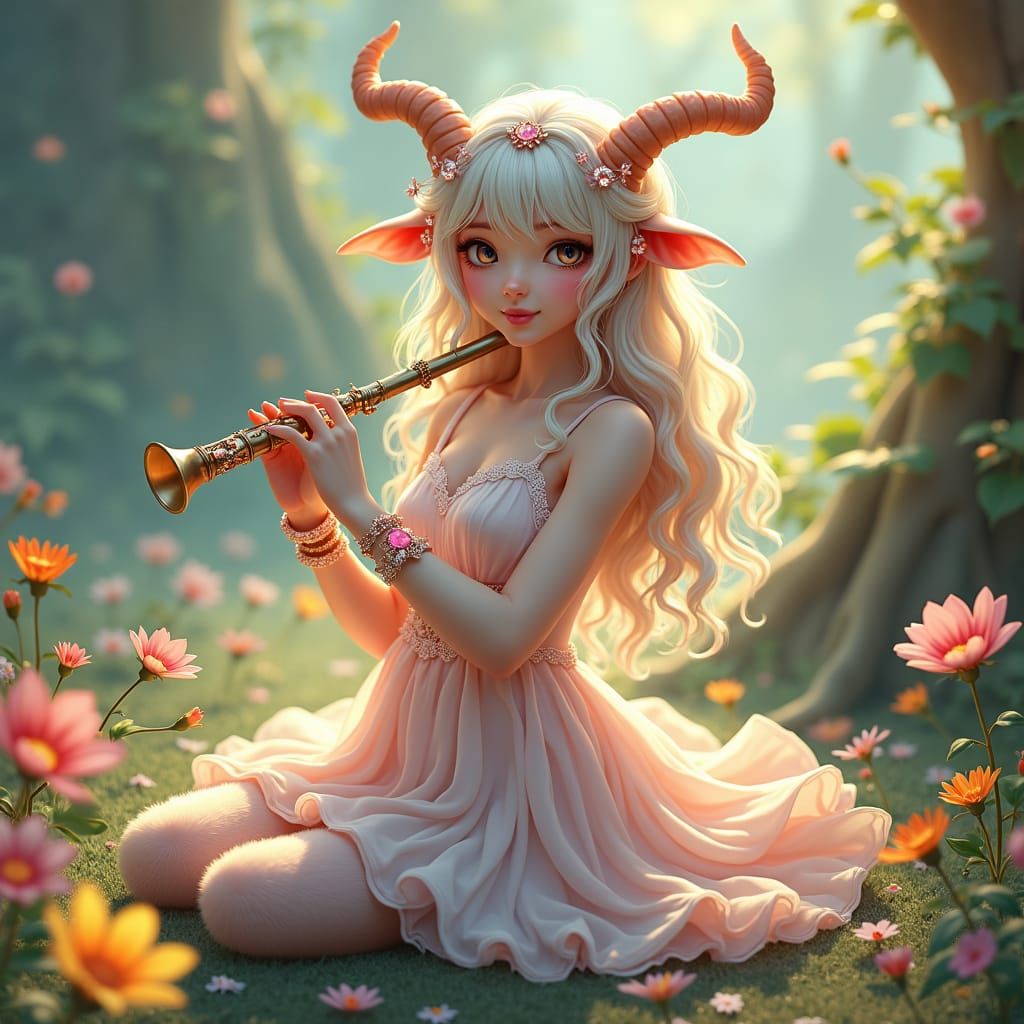 Anime Satyr with Flute in Dreamlike Setting
