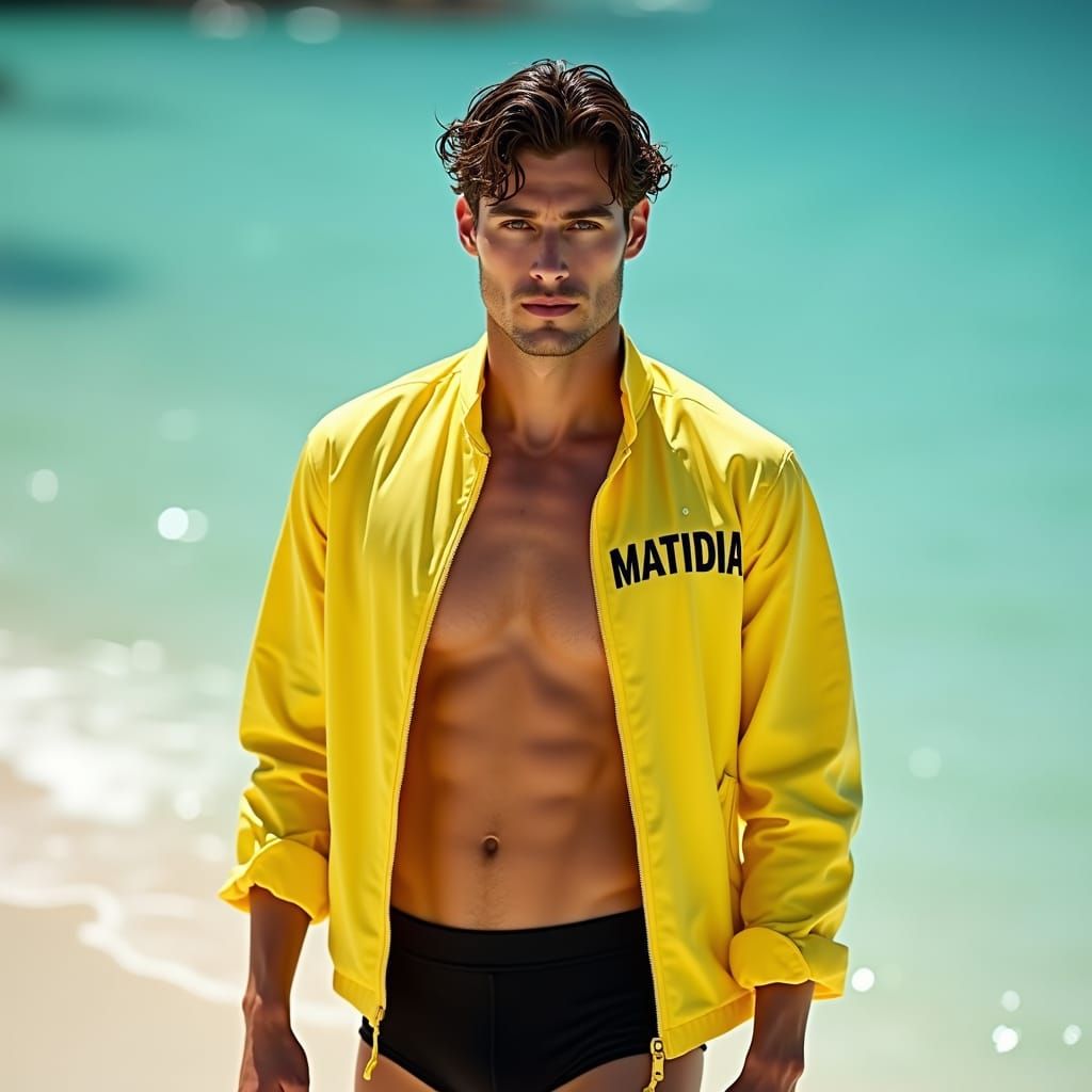 South American Model in Yellow Jacket by the Sea
