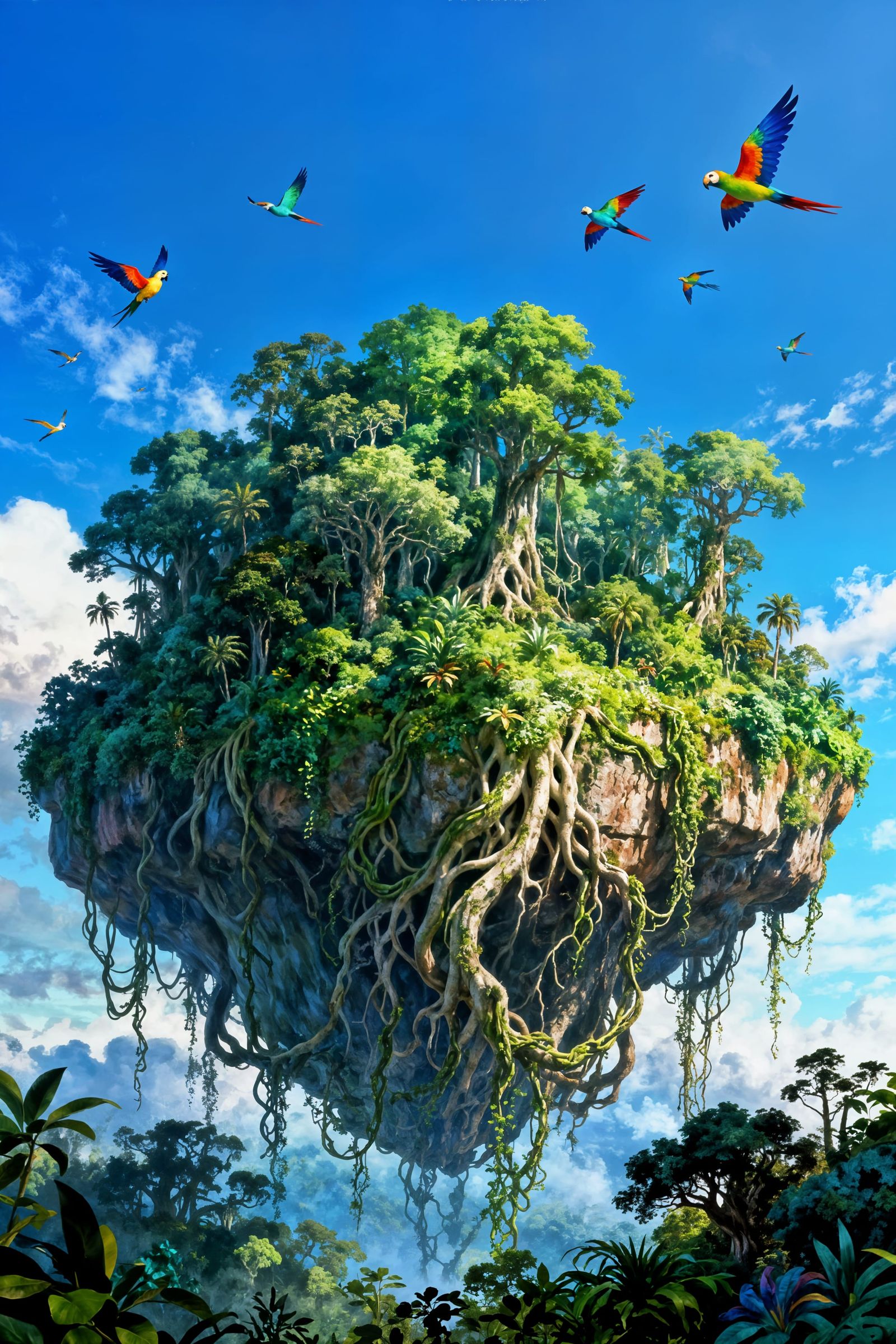 Floating Jungle Island Paradise in Blue Sky