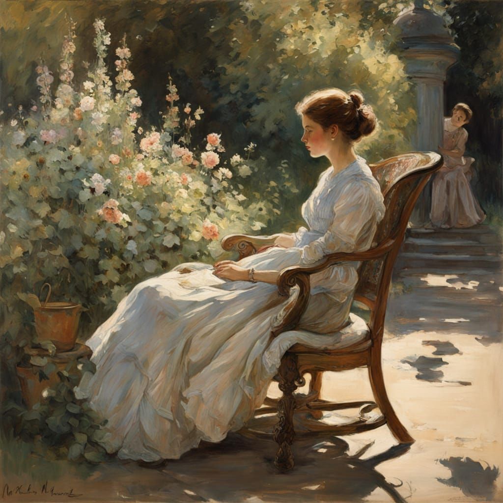 Realistic Garden Scene in Traditional Oil Painting Style