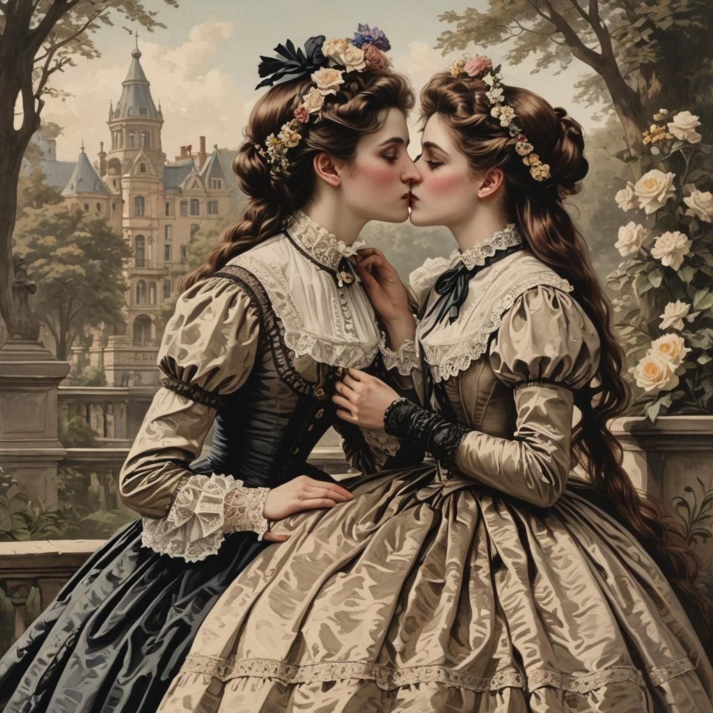 Victorian Era Girls Kissing in Rococo Dresses