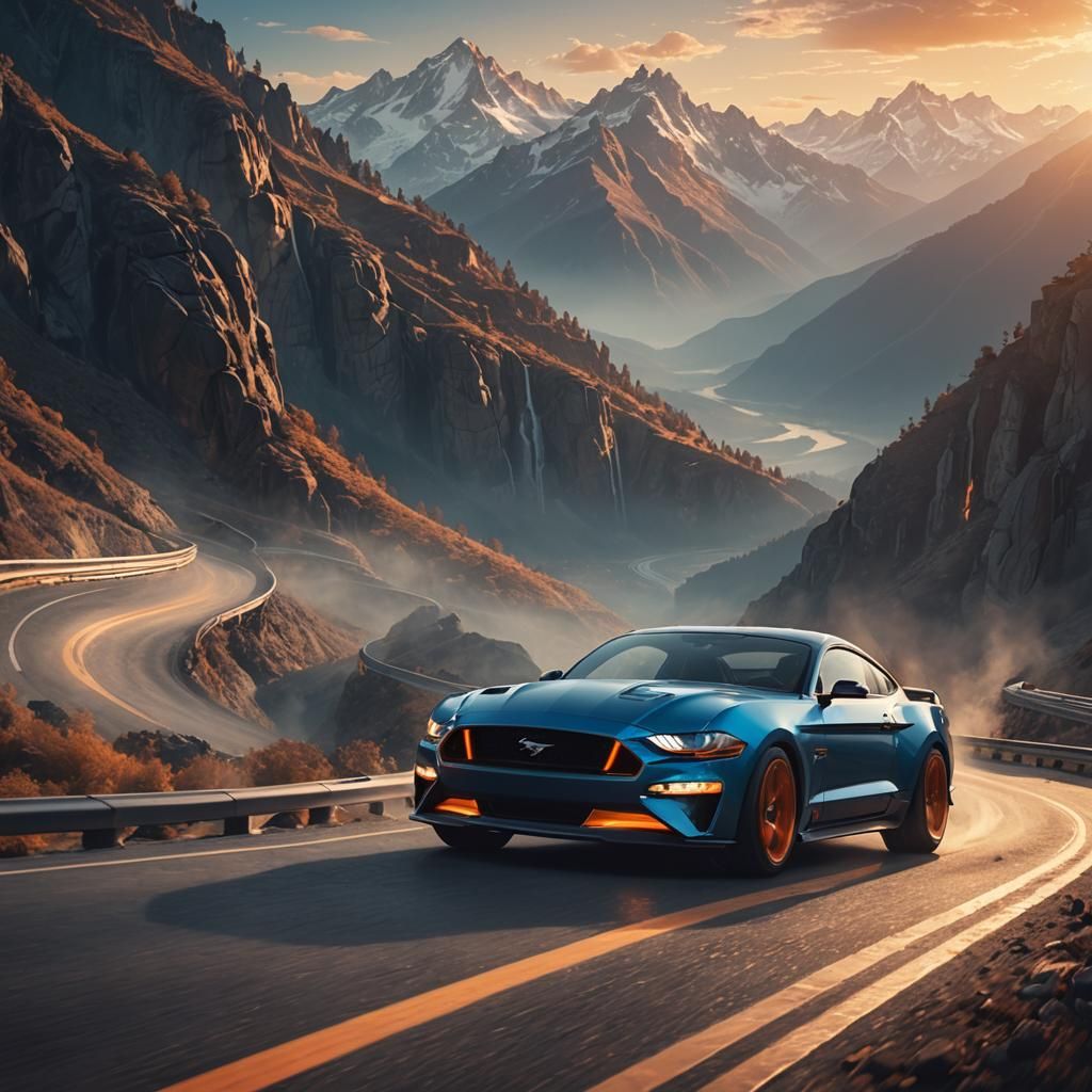 Sporty Mustang on Mountain Road in Automotive Art