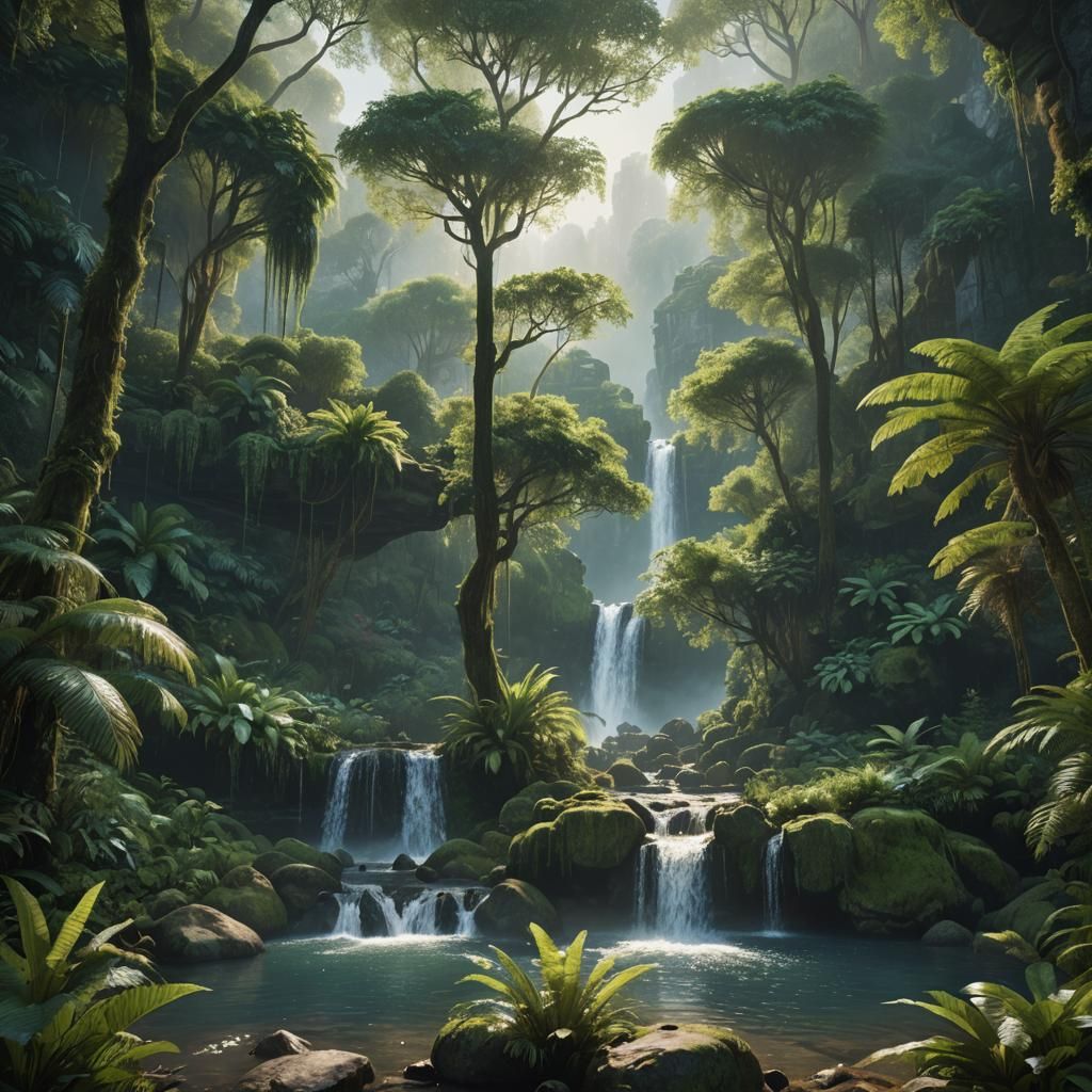 Lush Rainforest Waterfall in Impressionist Style