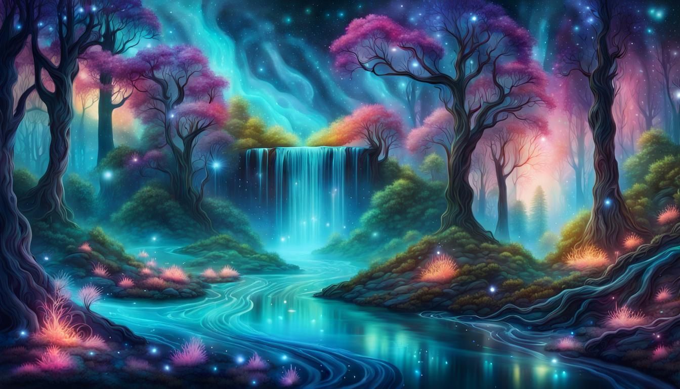 Dreamlike Bioluminescent Waterfalls in a Vibrant Fairy Fores...
