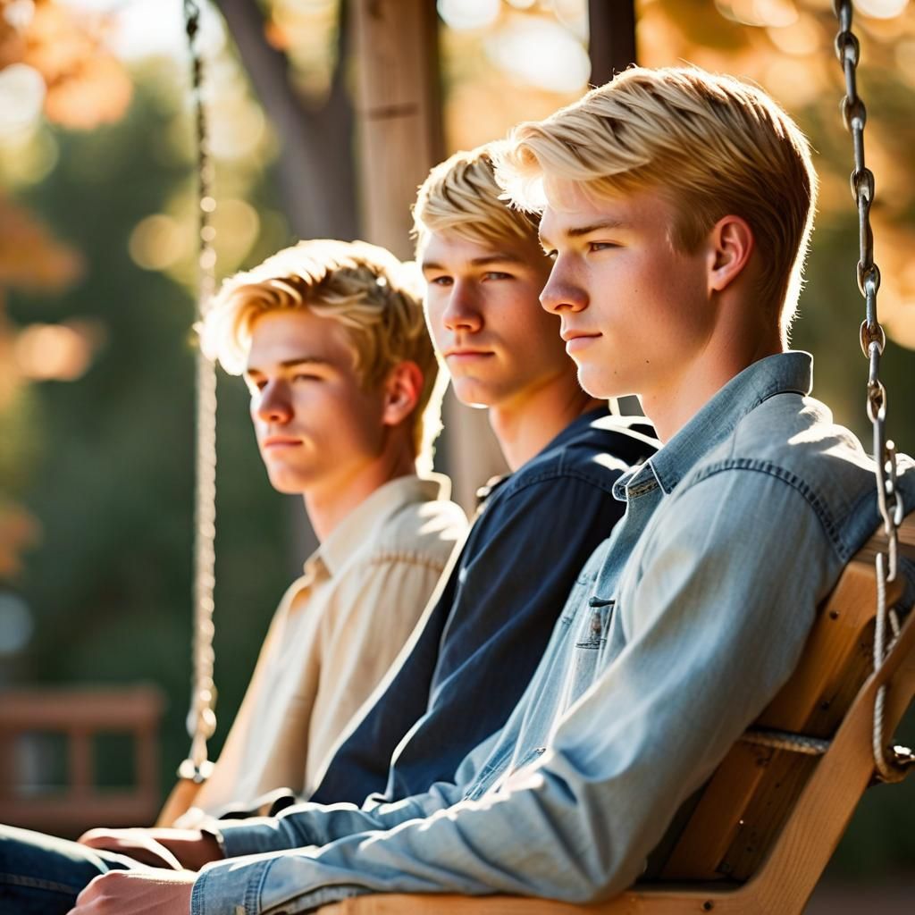 Warm Summer Portrait of Two Blonde Teenage Boys in a Porch S...
