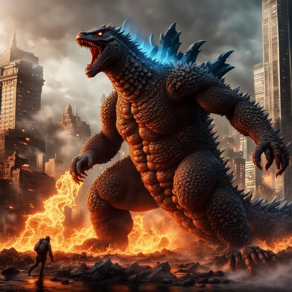 Godzilla Kaiju Battle in Burning City, Detailed Matte Painti...