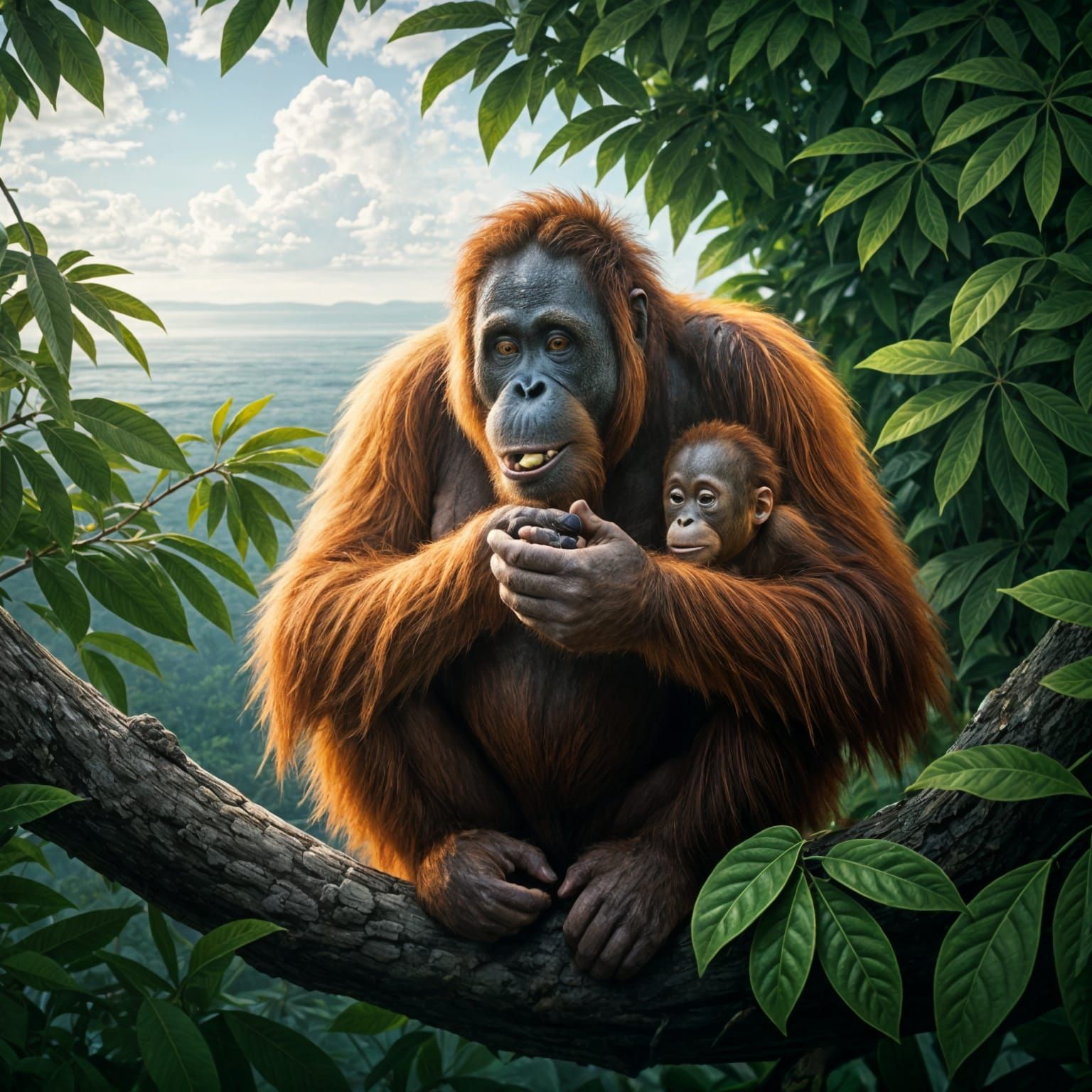 Orangutan Family Relishing Jabon Fruits on Borneo