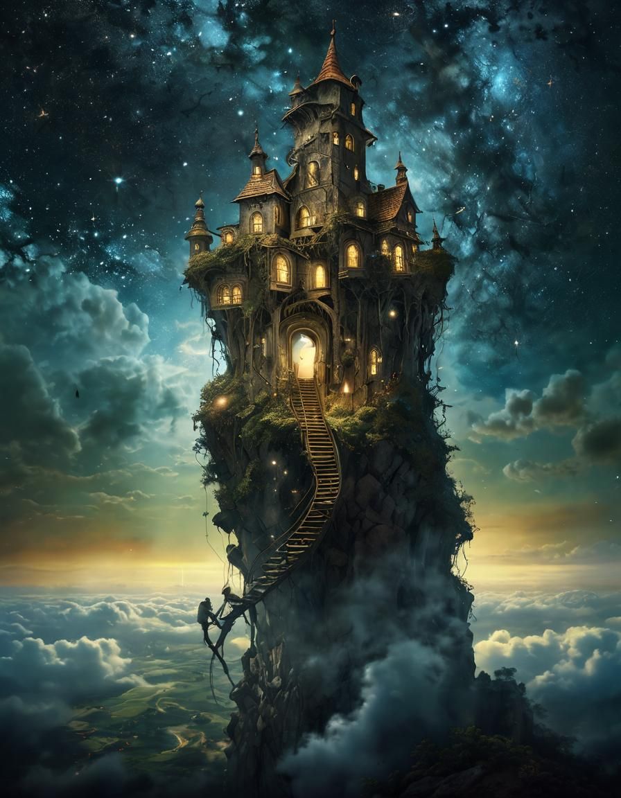 Boy Climbing Beanstalk to Cloud Village