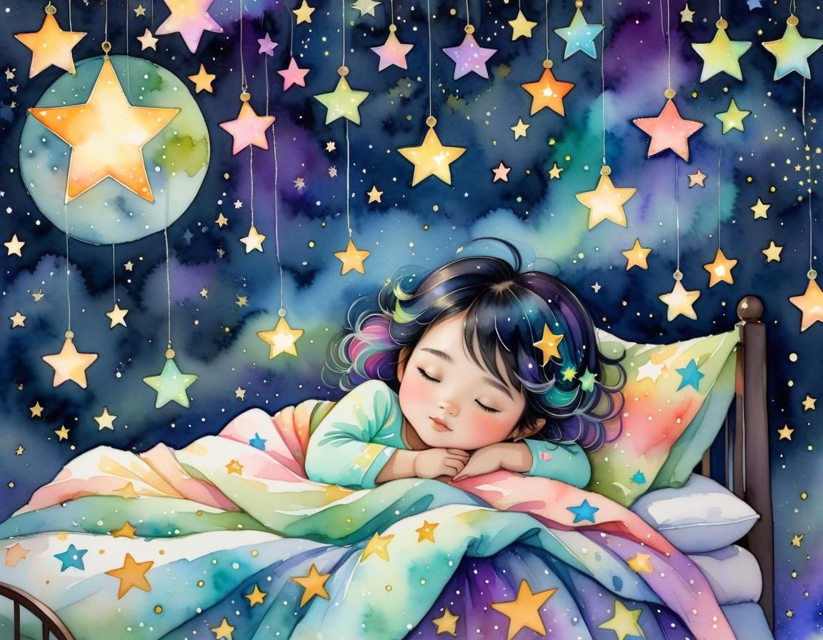 Asian Toddler's Dream: Starry Night Storybook Illustration