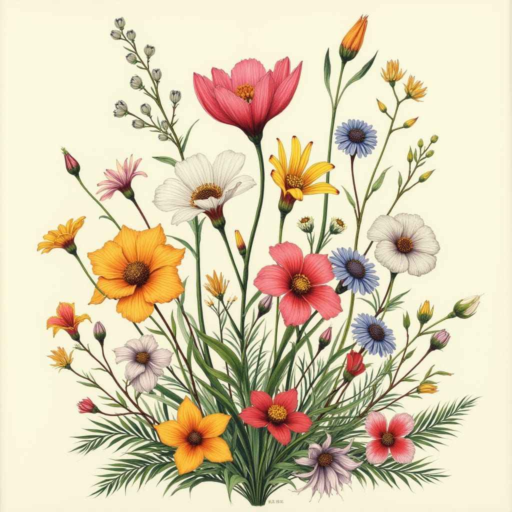 "Botanical ink drawings depicting still life with a focus on...