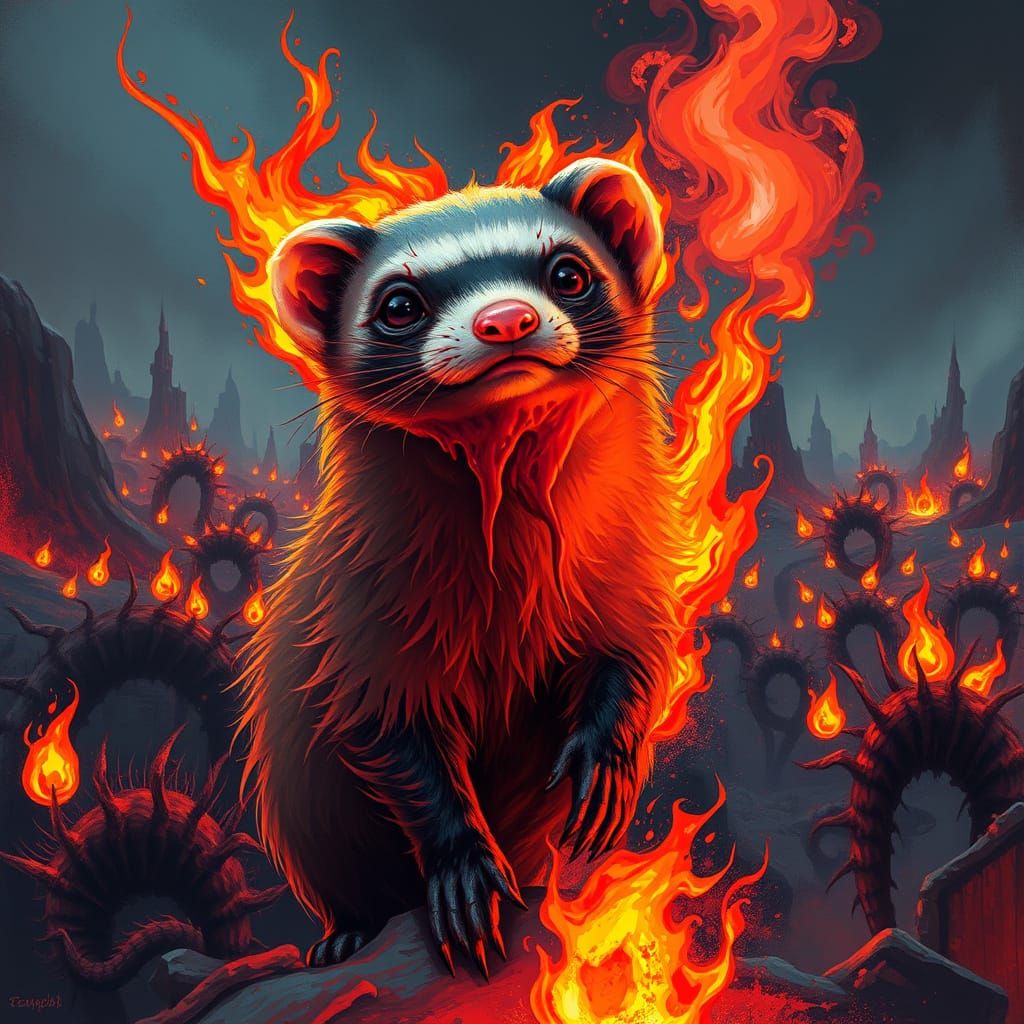 Inferno Ferret in Burning City: Dark Fantasy Art