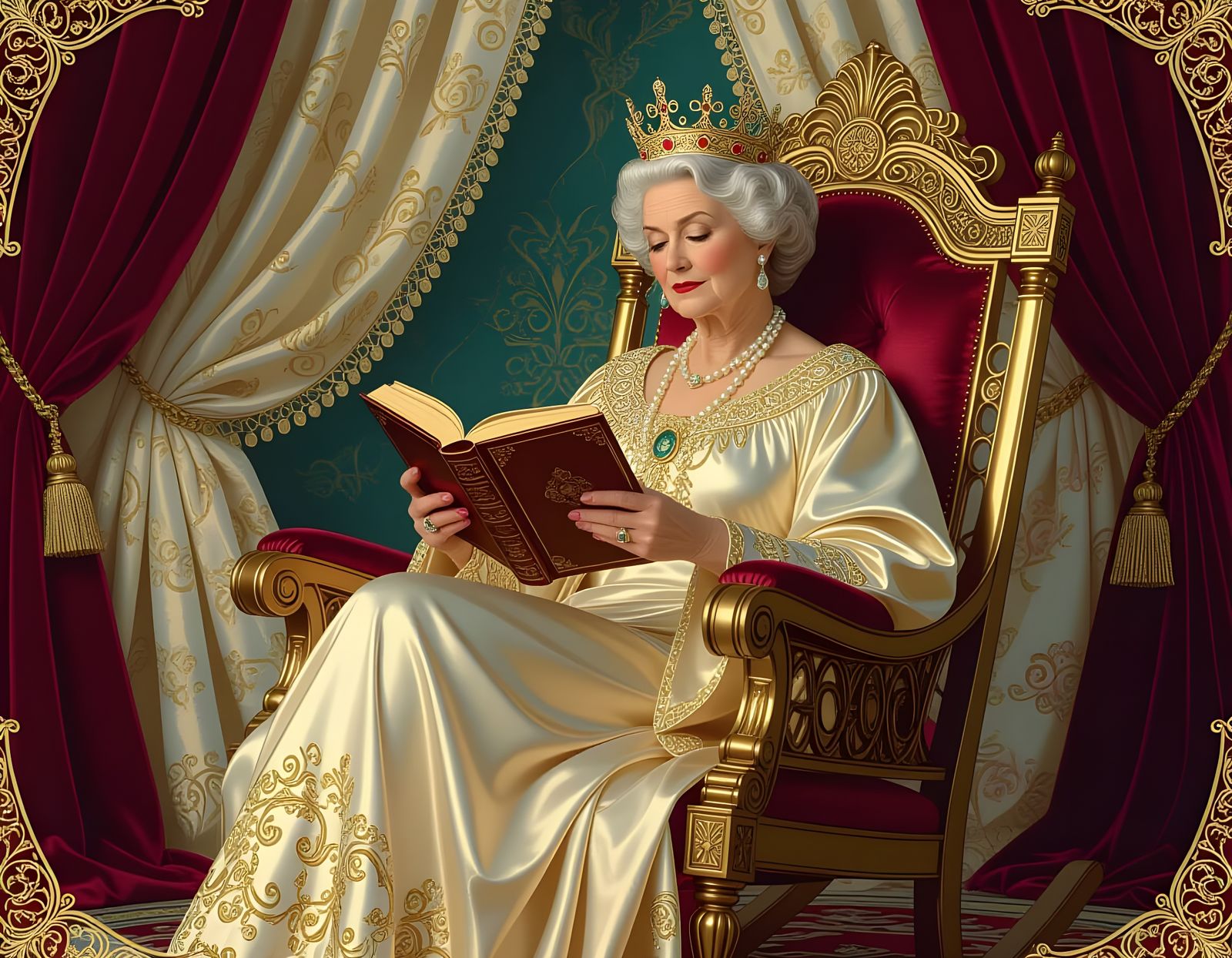 Aging Queen Reading in Regal Bedroom