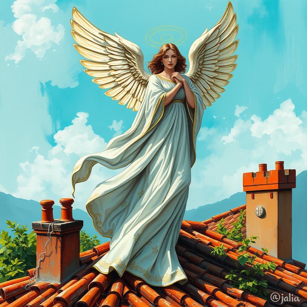 Italian Angel on Rooftop in Street Art Style