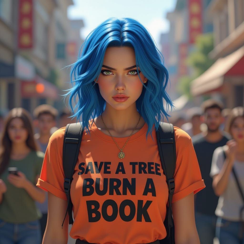 Blue-Haired Protester Concept Art in Unreal Engine Style