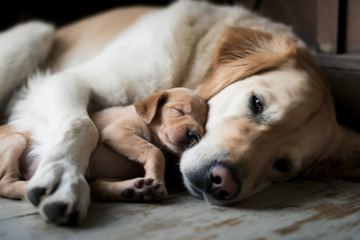Heartwarming canine portrait of an adult Golden Retriever ly...