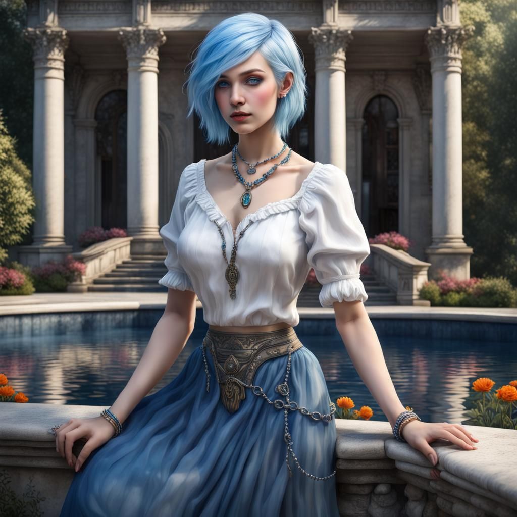 Hyperrealistic Polychromatic Woman with Gills at Fountain