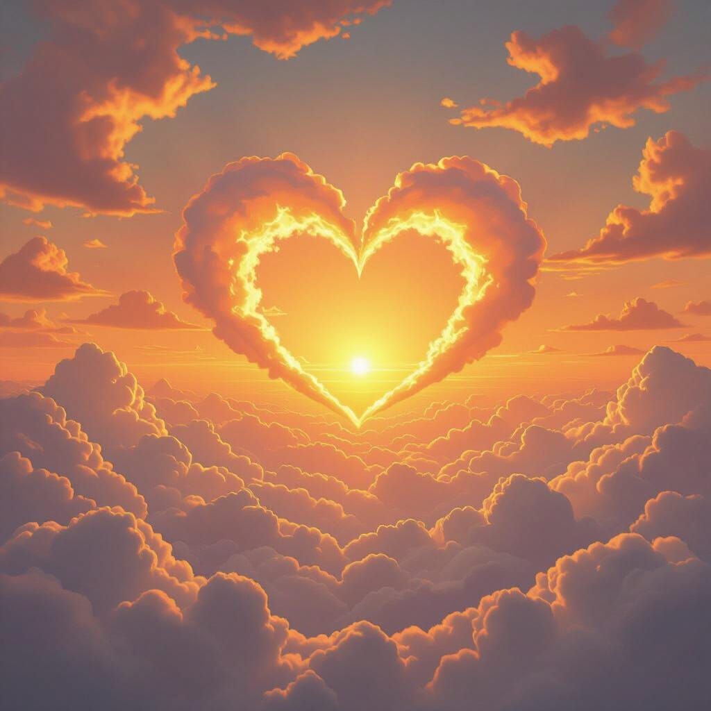 Heart Shaped Entity Emerging Through Fiery Sunset Clouds