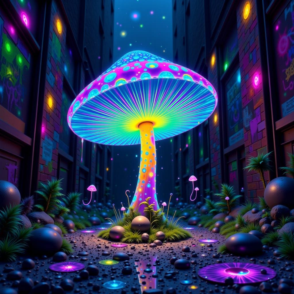 Bioluminescent Mushroom in Psychedelic Graffiti Alley