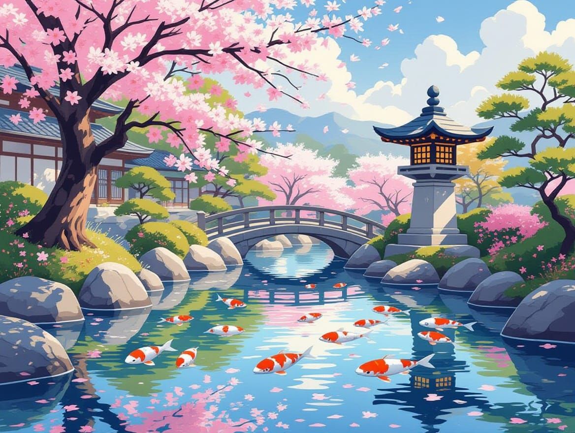 Serene Japanese Garden with Koi Pond and Cherry Blossoms