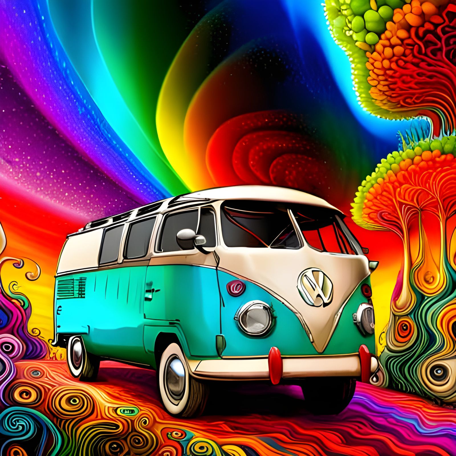 Psychedelic Rainbow Van in Mushroom Forest