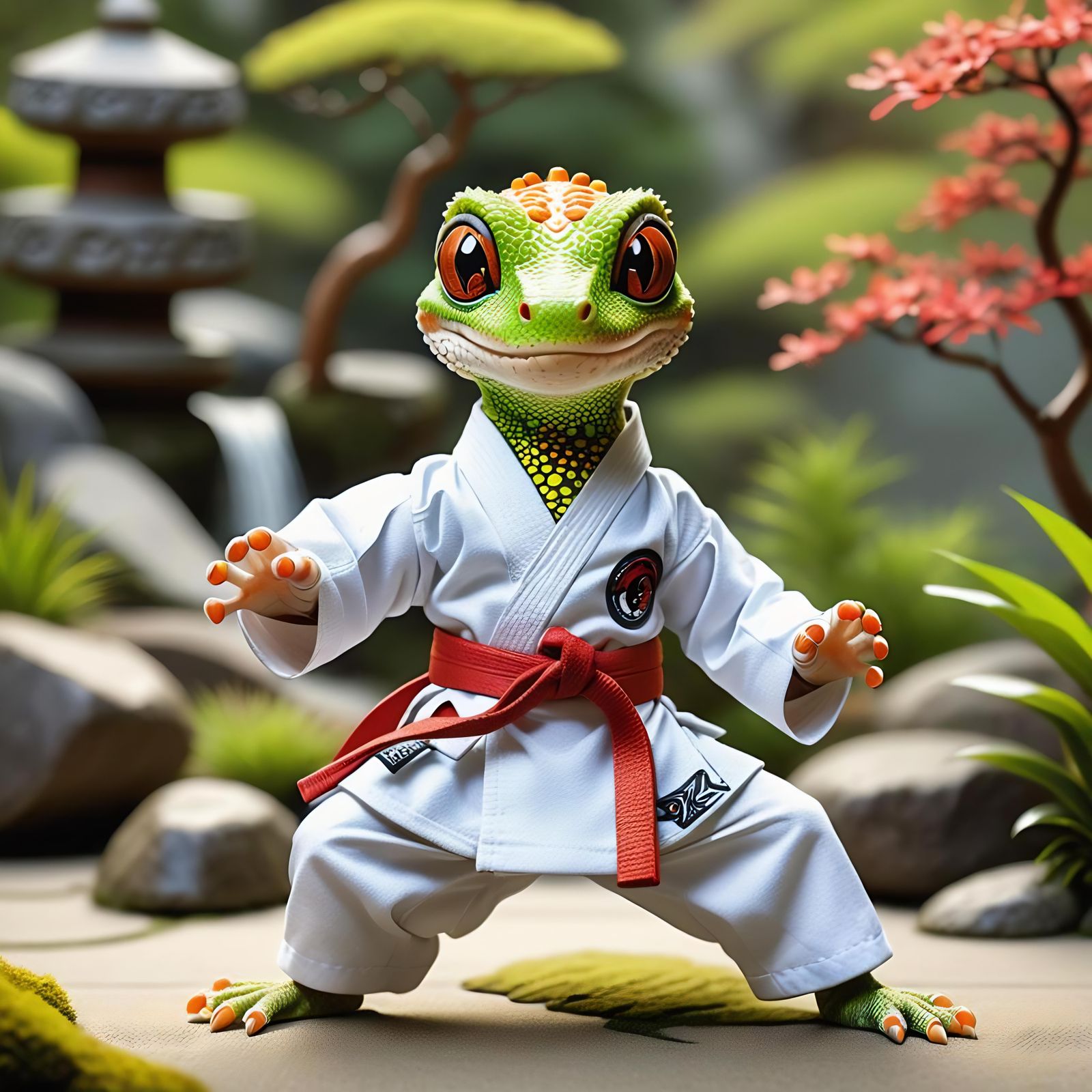 Cartoon Karate Gecko in Japanese Zen Garden