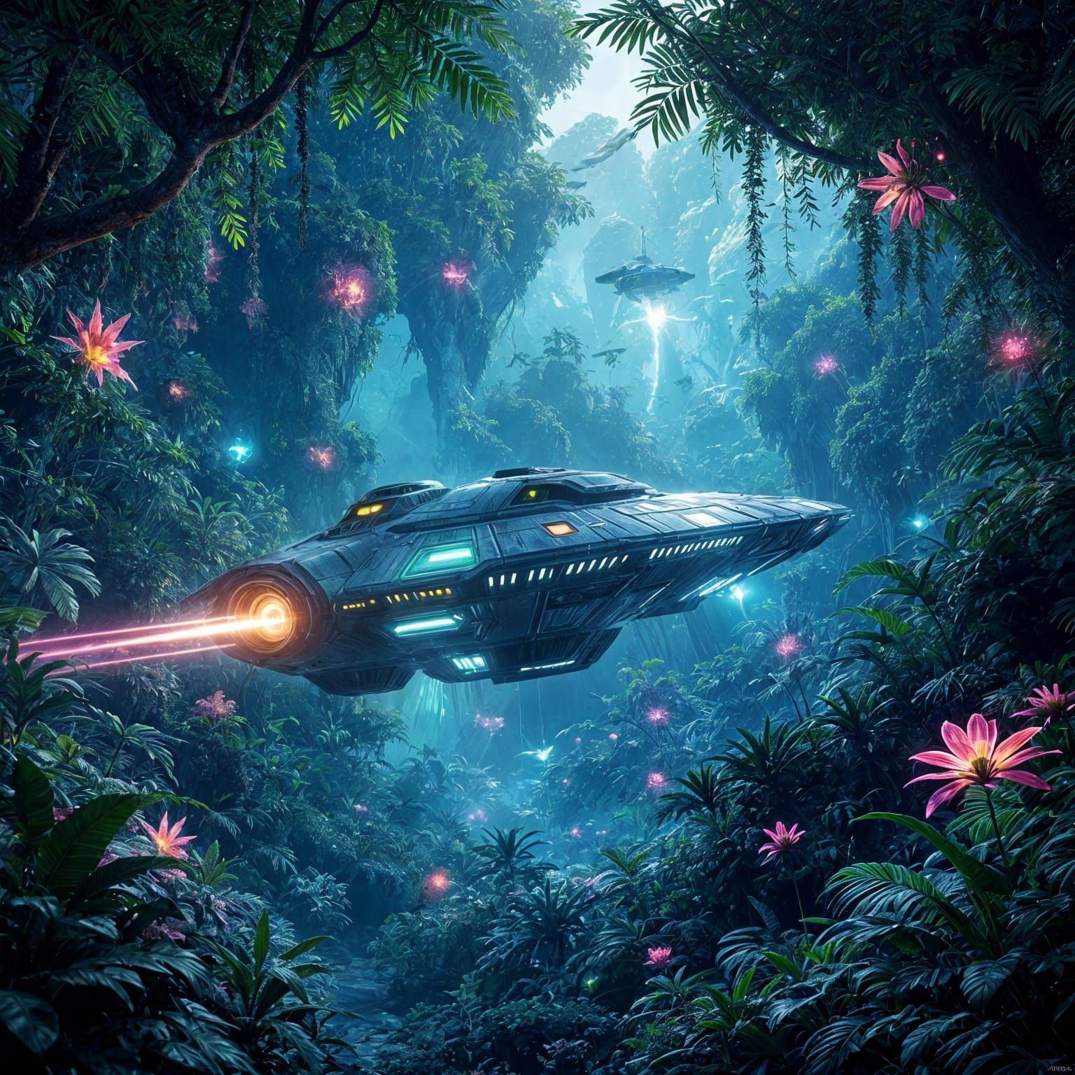Bioluminescent Spaceship Navigates Alien Jungle in Sci-Fi St...