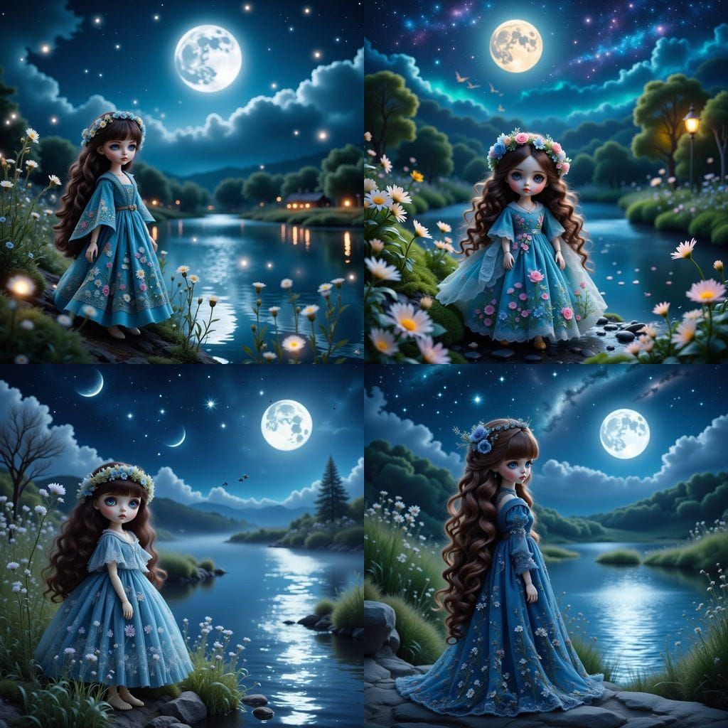 Dreamlike Riverbank Scene with Blythe Doll in Folk-Inspired ...