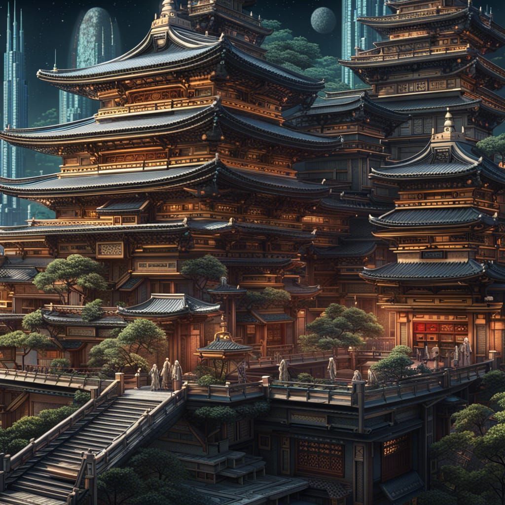 Futuristic Japanese Temple in Galactic City: Concept Art