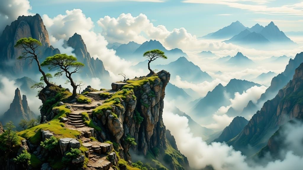 Mountainside Harmony in Water-Ink Style