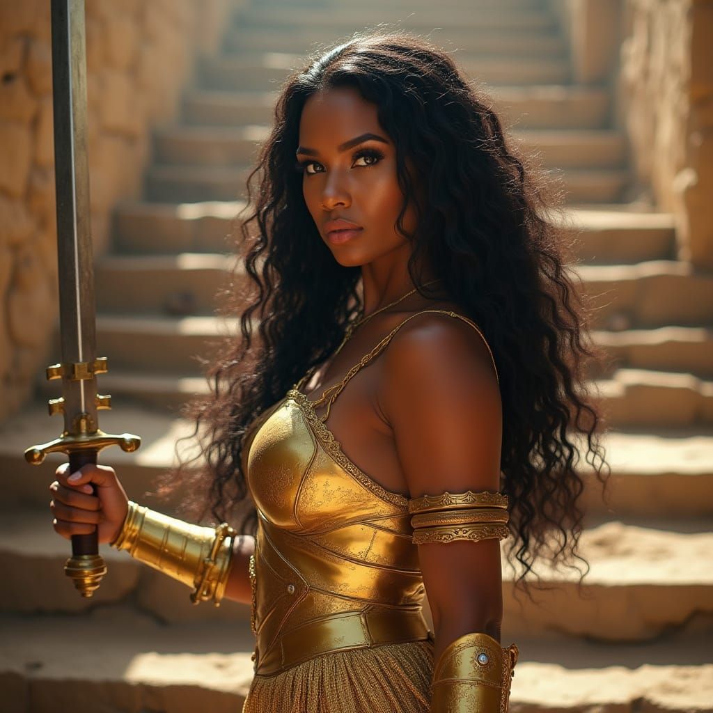 Warrior Goddess Fights Ogres in Gold Armor