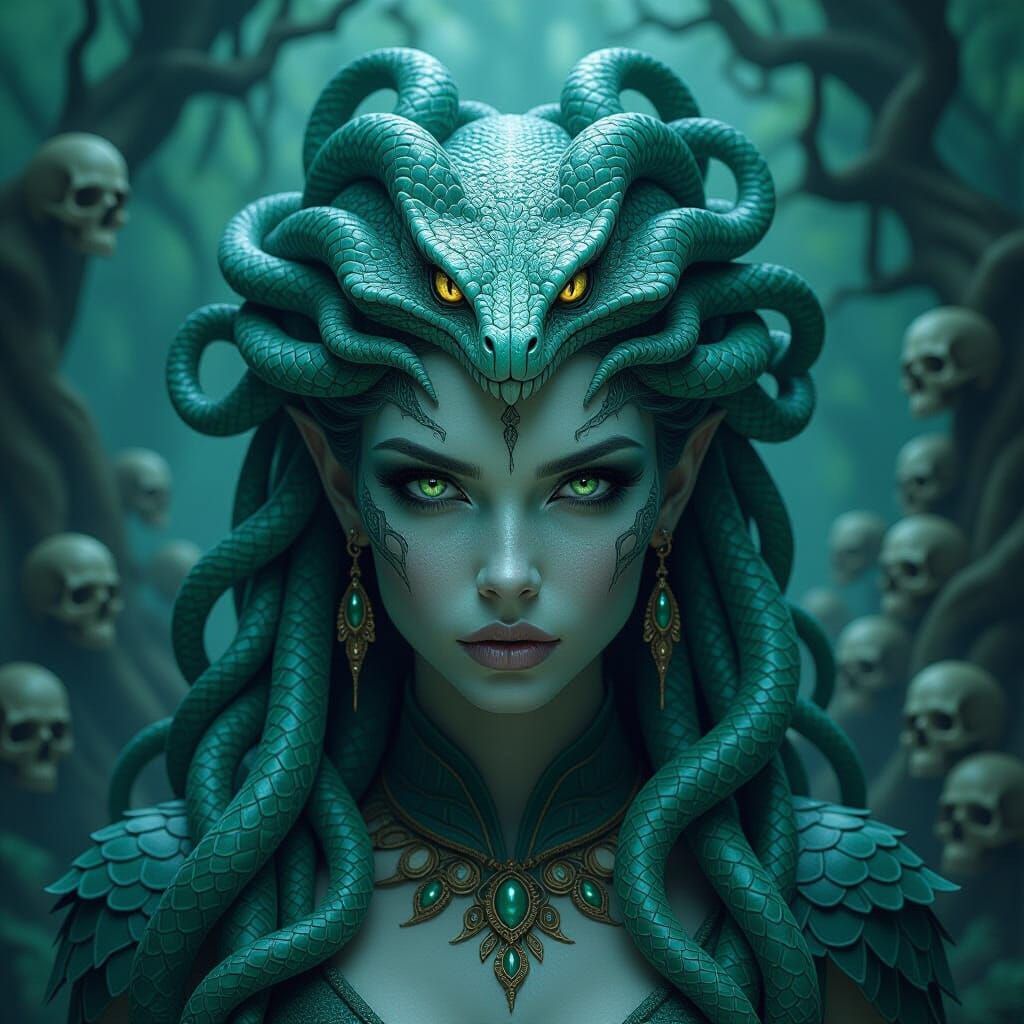 Hyperrealistic Medusa in Eerie Forest