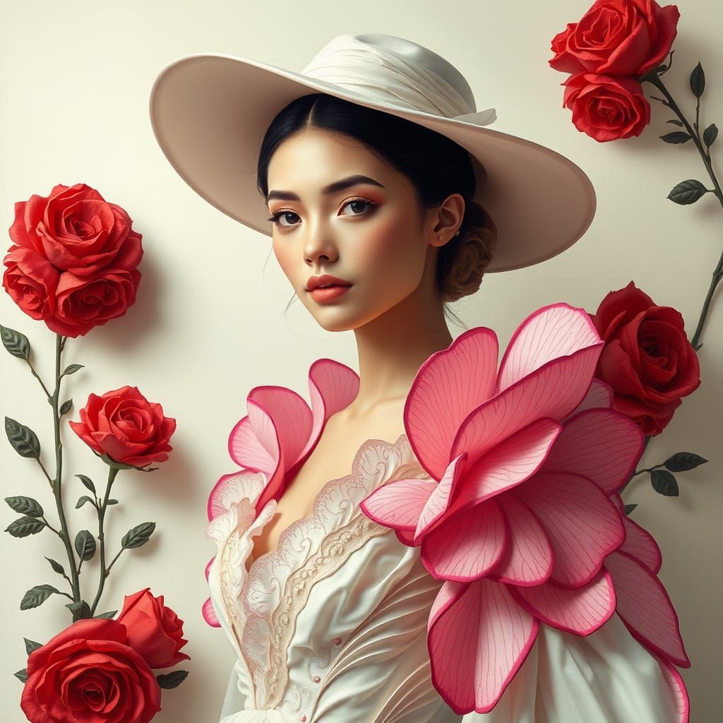 Ethereal High-Fashion Portrait in Mixed Media with Floral De...