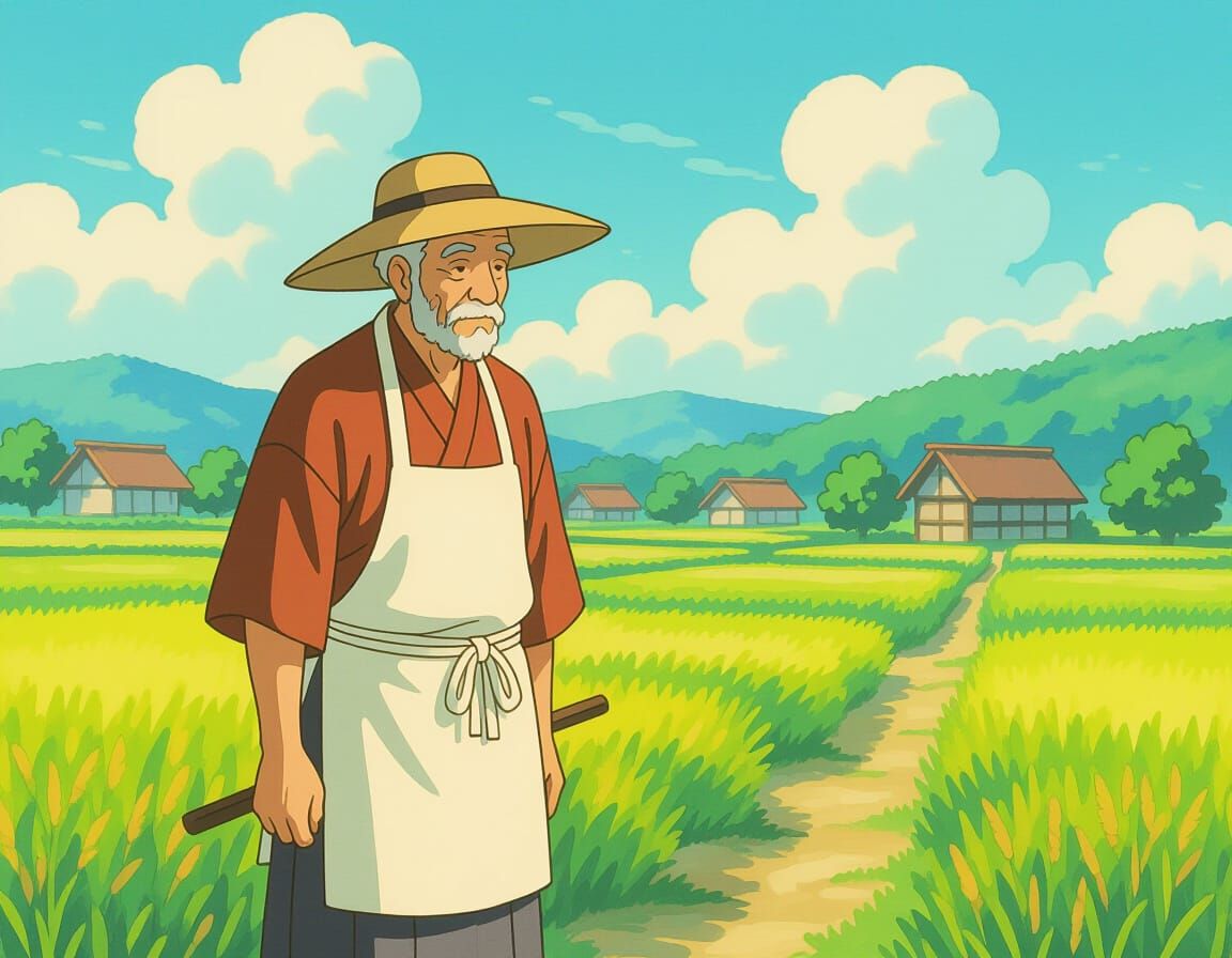 Old Beef Man in Miyazaki-Inspired Rural Scene