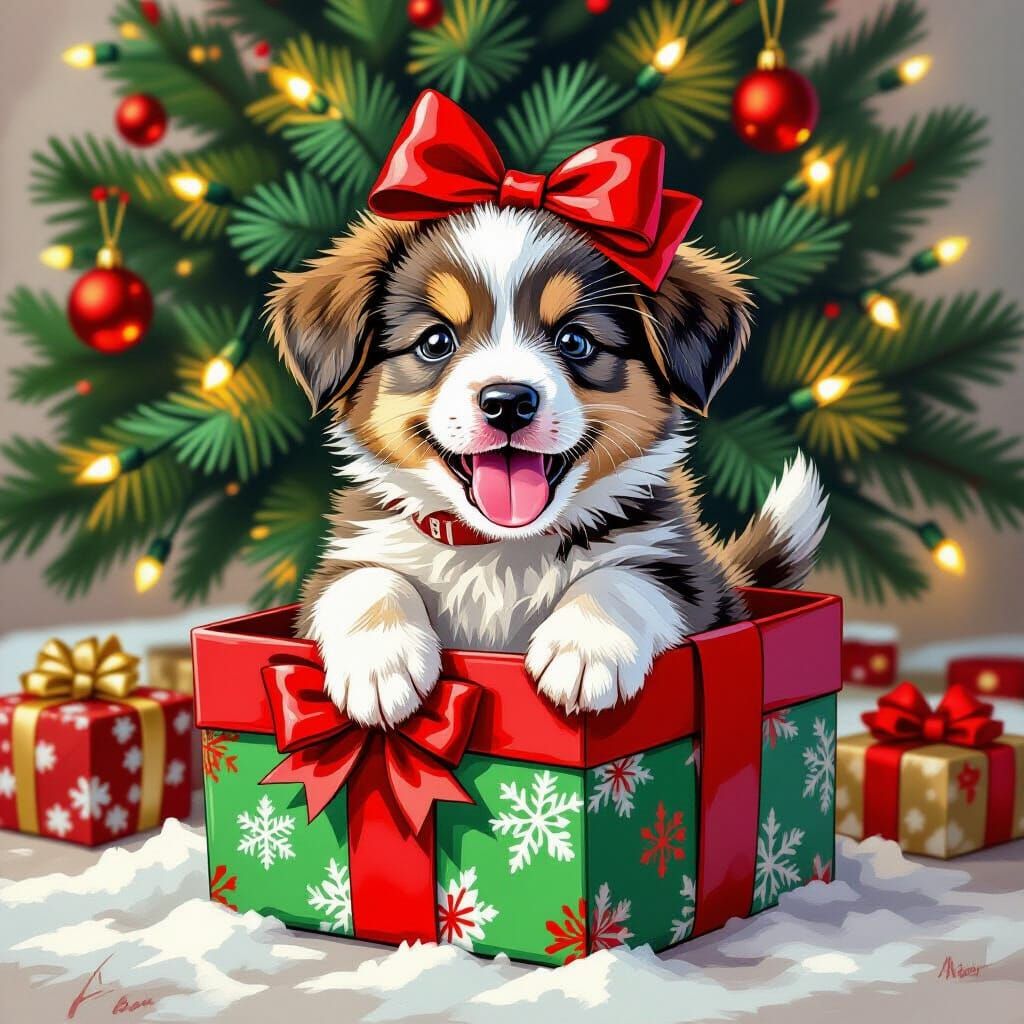 Festive Puppy in Christmas Box as Comic Art