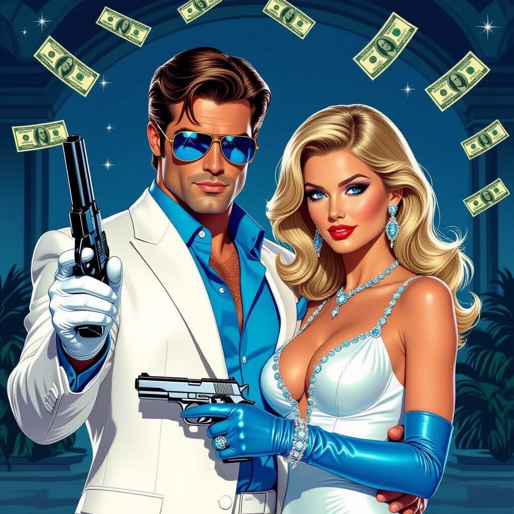 Stylish Couple in 1970s Mansion, Comic Book Art