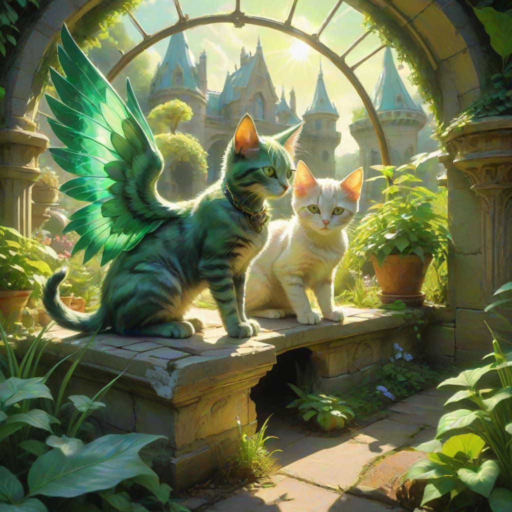 Winged Kittens Play in Castle Greenhouse: Renaissance Painti...
