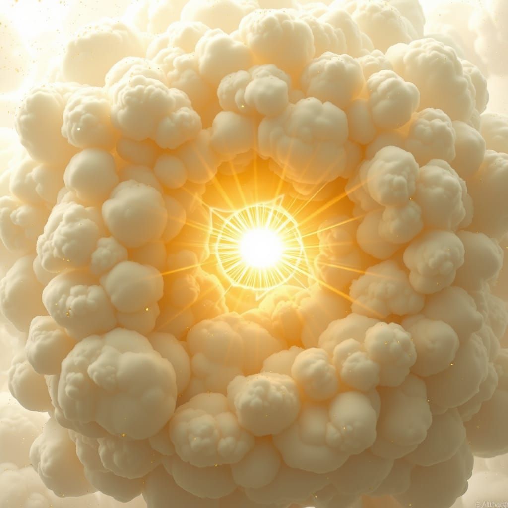 Golden Light Radiates from a Hole in a Whimsical Cloud Clust...