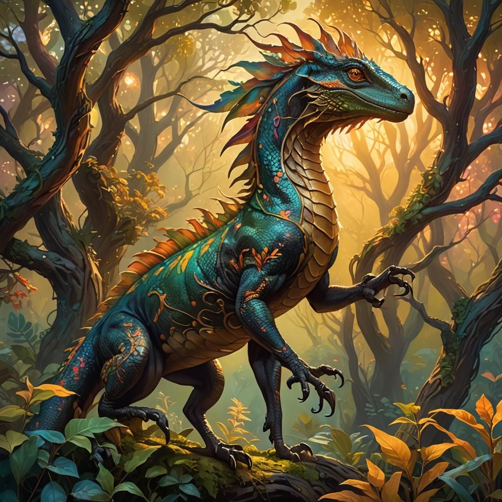 Lizard Horse Hybrid in Mystical Forest Oil Painting