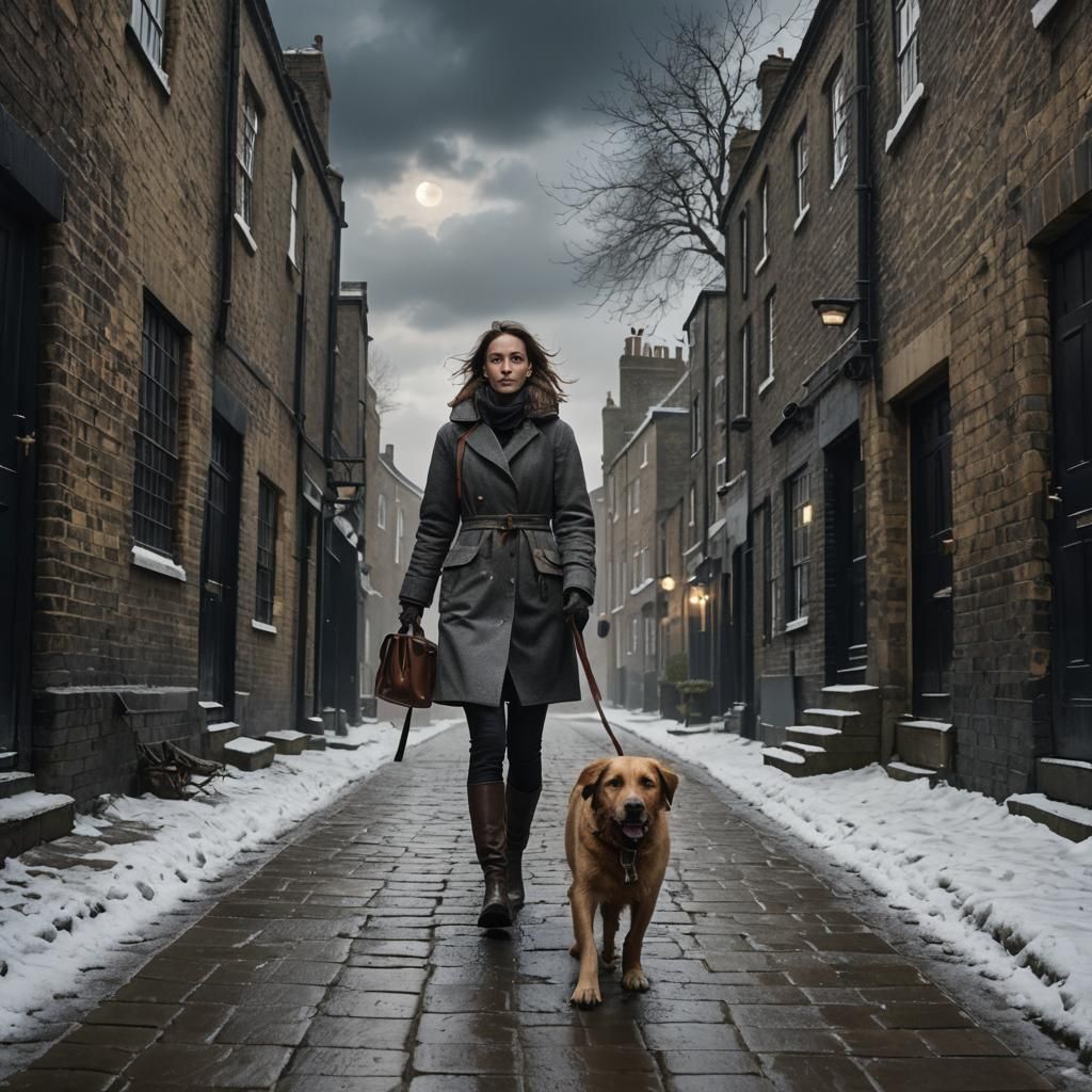 Woman and Dog in Ancient London Alley