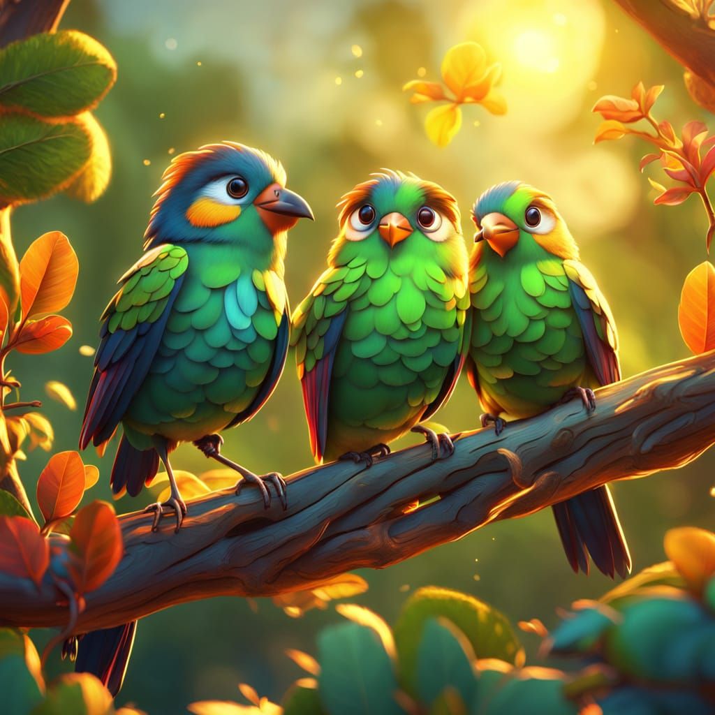 Vibrant Birds on Branch in Pixar Style