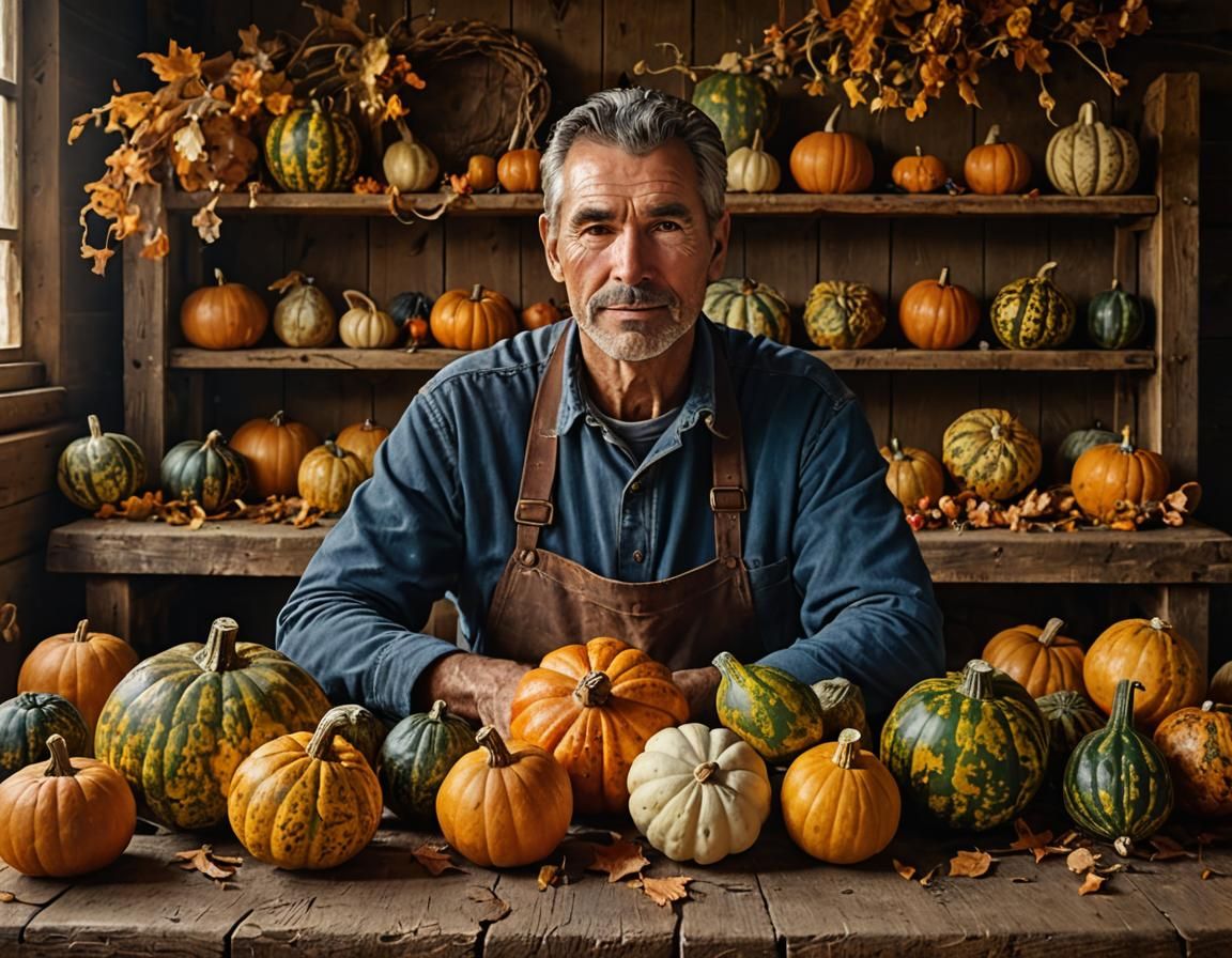 Rustic Farmer Portrait with Gourds in Oil Paint