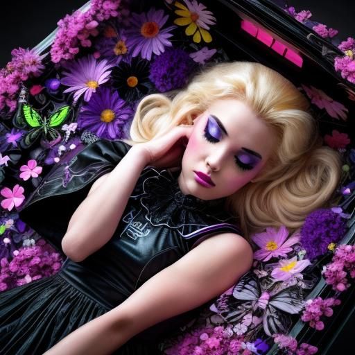 Cheerleader Sleeping in Coffin with Neon Flowers