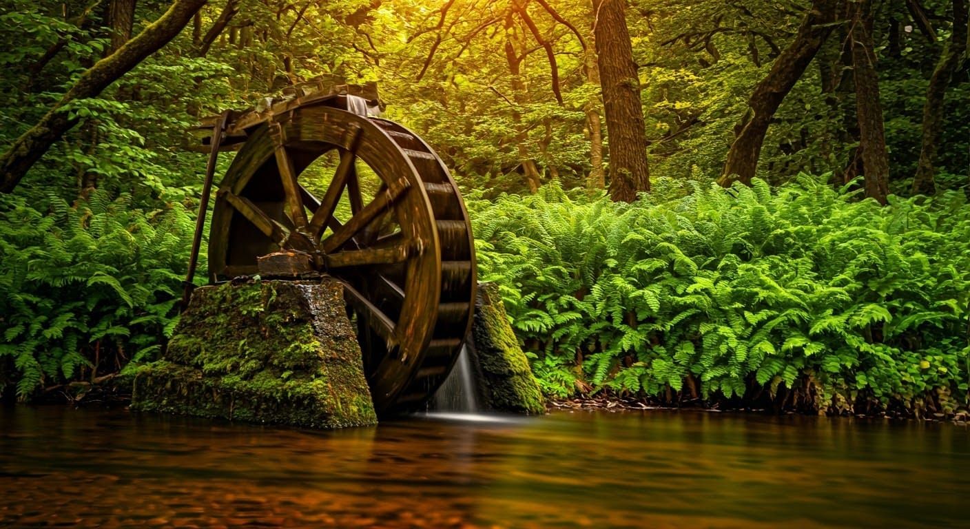 Weathered Waterwheel in a Serene Forest Stream