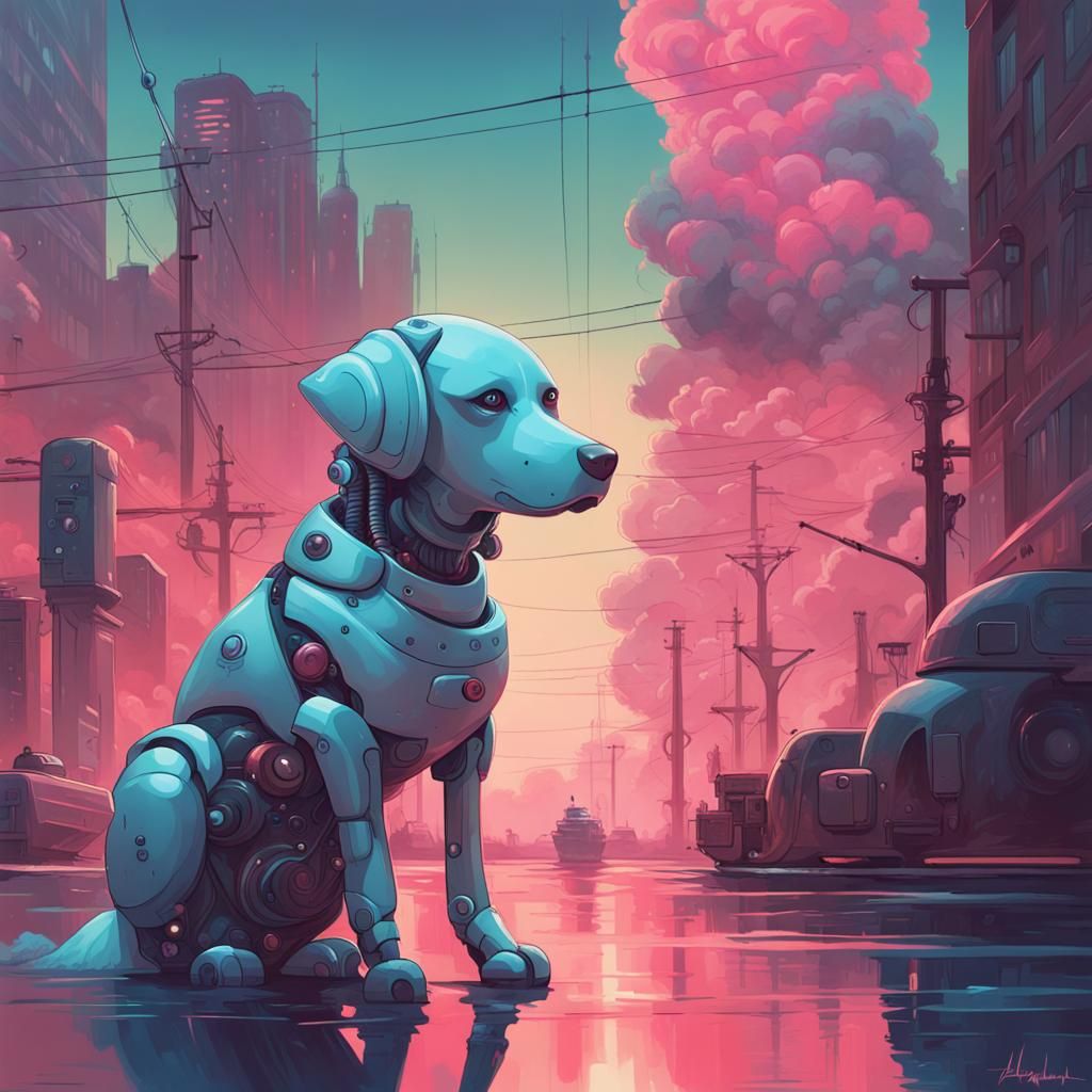 Robotic Fluffy Dog in Tonalist Style