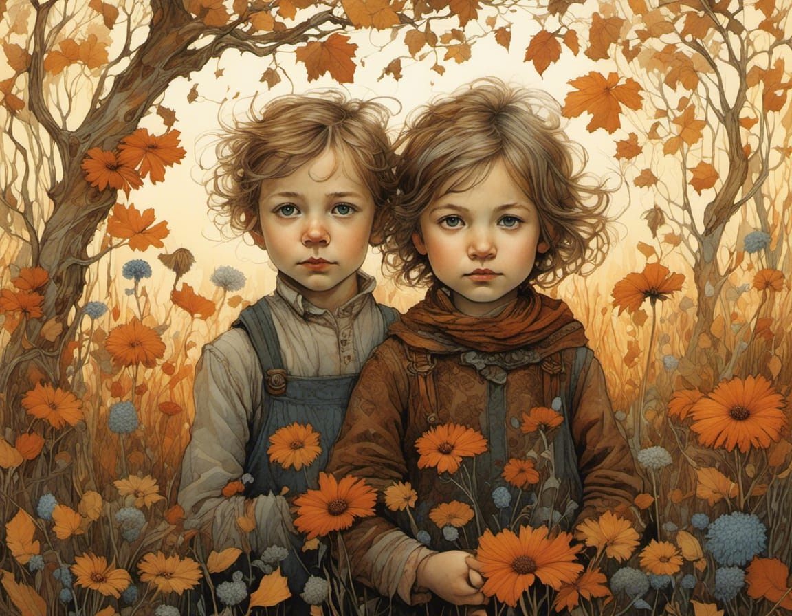 Toddler Siblings with Wildflowers in Storybook Style