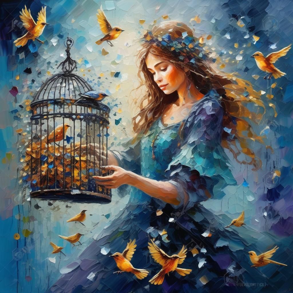 Fairy Sorceress Releasing Magical Birds: Oil Painting