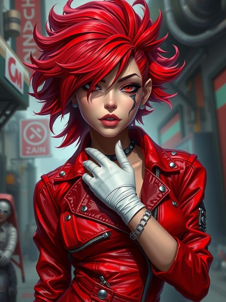 Cyberpunk Woman with Red Hair in Cityscape