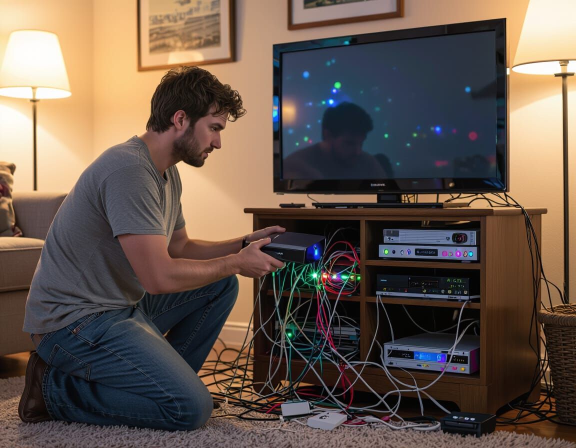 Dismay: Man Kneeling with New Console, Cable Chaos