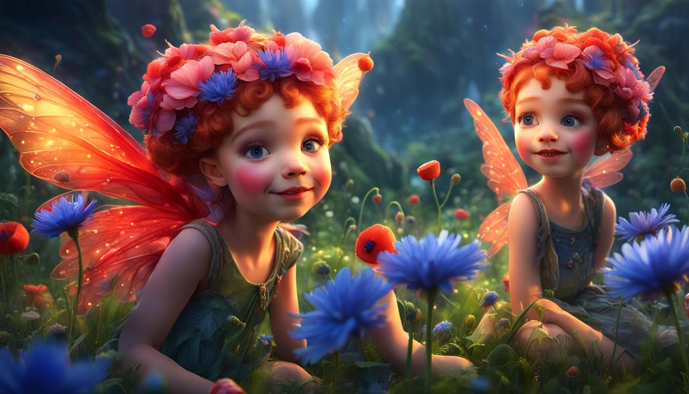 Smiling Flower Fairies by Waterfall in Detailed Digital Pain...