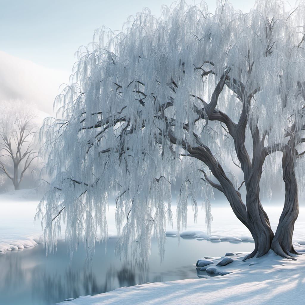 Winter Willow Tree with Crystalline Branches in Digital Art